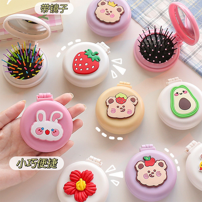 1db Kawaii sminktükör aranyos párnafésű kartondobozos lány mini összecsukható szilikon egyoldalas hordozható kerek tükör fésűvel