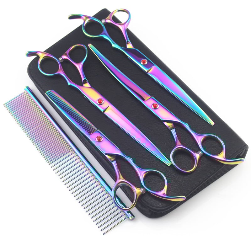 7,5-tolliste lemmikloomakääride komplekt, sirge lõikega harvenduskäärid ja kumerad kääridega kalaluukäärid koerte hoolduskääride komplekt