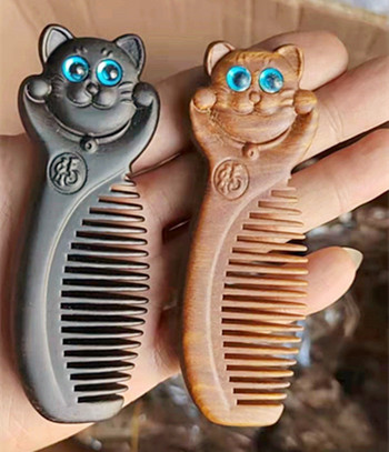 Green Sandalwood Cute Lucky Cat Comb Фризьорски дървен гребен Грижа за косата за деца Гребен за коса Подарък за момиче