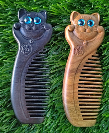 Green Sandalwood Cute Lucky Cat Comb Фризьорски дървен гребен Грижа за косата за деца Гребен за коса Подарък за момиче