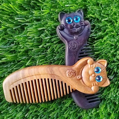 Green Sandalwood Cute Lucky Cat Comb Фризьорски дървен гребен Грижа за косата за деца Гребен за коса Подарък за момиче