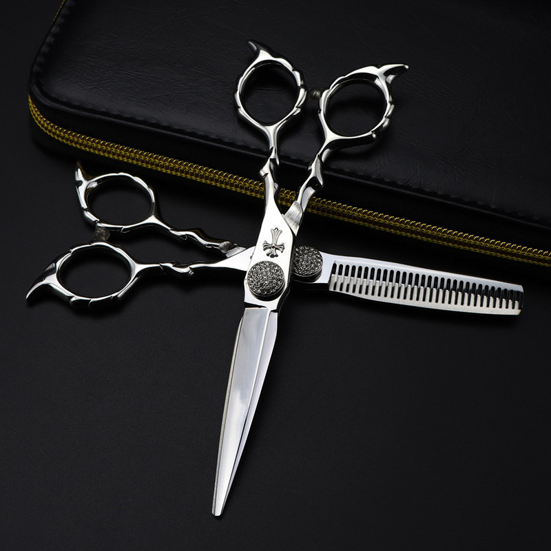 Foarfecă profesională Japonia 440c 6 '' încrucișată cu pietre prețioase Foarfece pentru păr tuns frizer tunsoare pentru subțiere foarfece pentru coafor