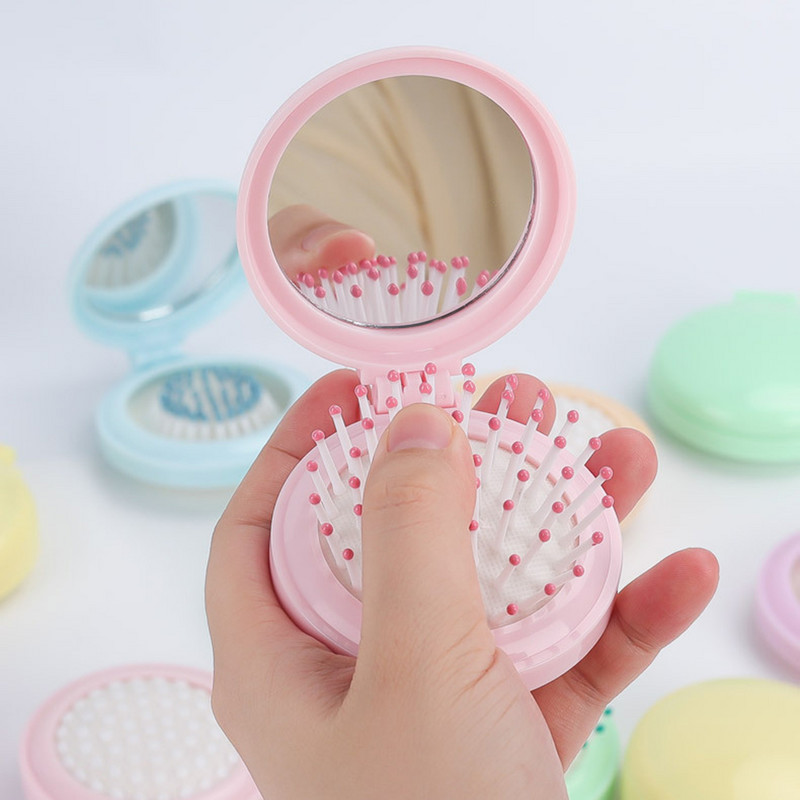 Airbag pliabil Pieptene moale pentru dinți Antistatic cu oglindă Dimensiune compactă de buzunar Perie de păr portabilă de călătorie Masaj cosmetic pentru cap