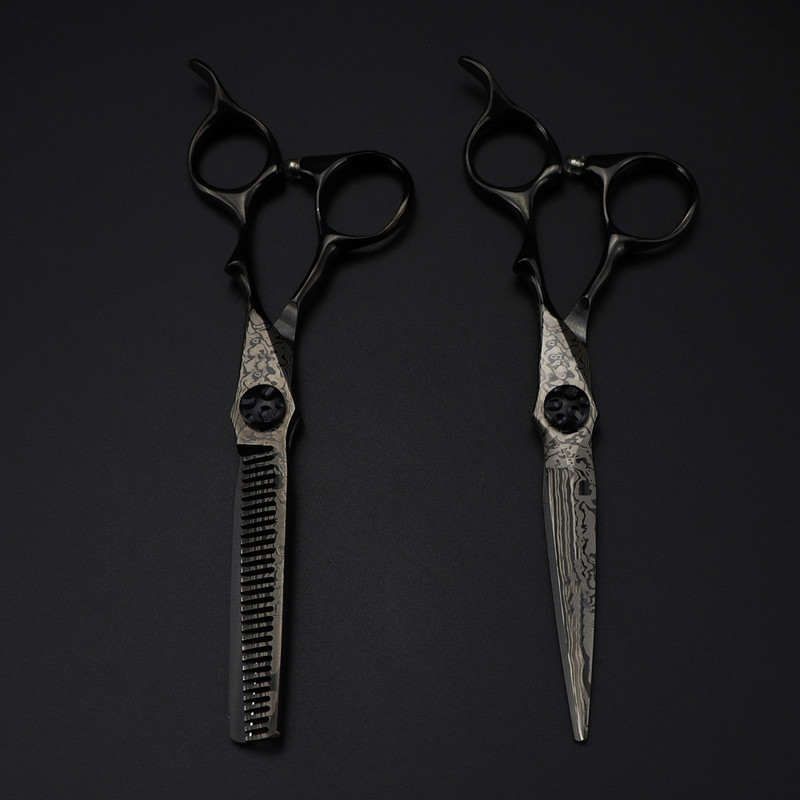 Profesionalios 6`` juodos Damasko plaukų žirklės gėlių sraigtas kirpimas kirpimo įrankiai plaukų kirpimas retinimo žirklės kirpyklos žirklės