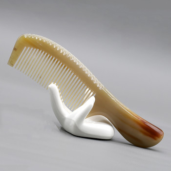7,68-инчов гребен с кръгли дръжки от естествен рог на як с фини зъби Гребен за изправяне на косата Антистатична четка за масаж на коса