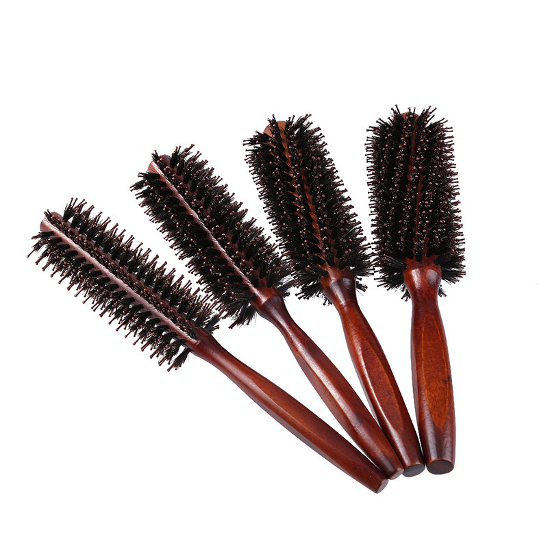 Medinė rankena Antistatinė garbanotų plaukų šukos šerno šeriai besisukantys apvalūs plaukų šepetys būgno šukos Kirpyklai plaukų formavimo įrankiai