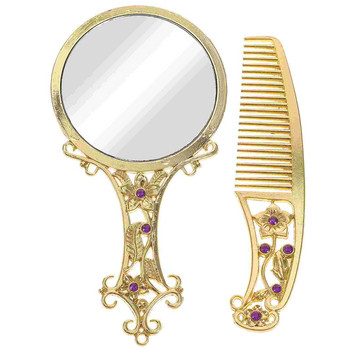 Огледало Ръчен ретро гребен Комплект грим Ръчен тоалетен метален джоб Коса Пътуване Преносим ретро мини четка Огледала с дръжки за жени