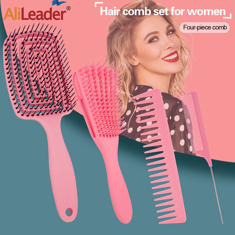 Plaukų šalinimo šepetėlis 4 dalių plaukų šepetėlių rinkinys, skirtas afro garbanotiems garbanotiems ilgiems plaukams mazgeliams, lengvai valomas plaukų priežiūros priemonė.