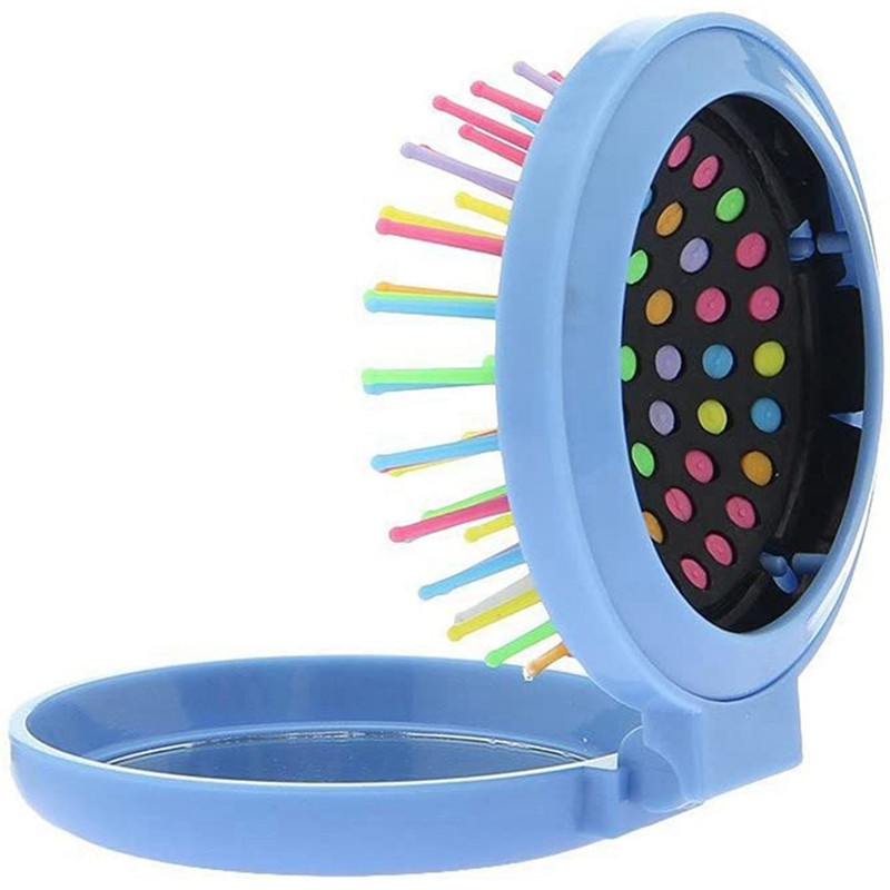 Mini pieptene rotund pliabil cu pernă de aer Pieptene pentru masaj pentru păr Oglindă (albastru)