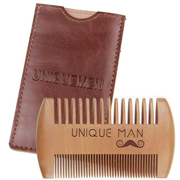 Φυσικό ξύλο βούρτσα μαλλιών Χτένι γενειάδας με δερμάτινη θήκη PU Αντιστατική χτένα τσέπης για μουστάκι Βούρτσισμα Εργαλεία περιποίησης μαλλιών για άνδρες Δώρο