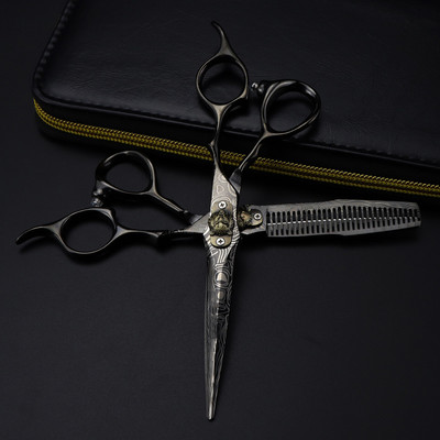 Foarfecă profesională de 6 inchi de lux din Damasc Negru Foarfece de păr de tigru pentru tunsoare frizerie foarfece de subțiere foarfece de coafură