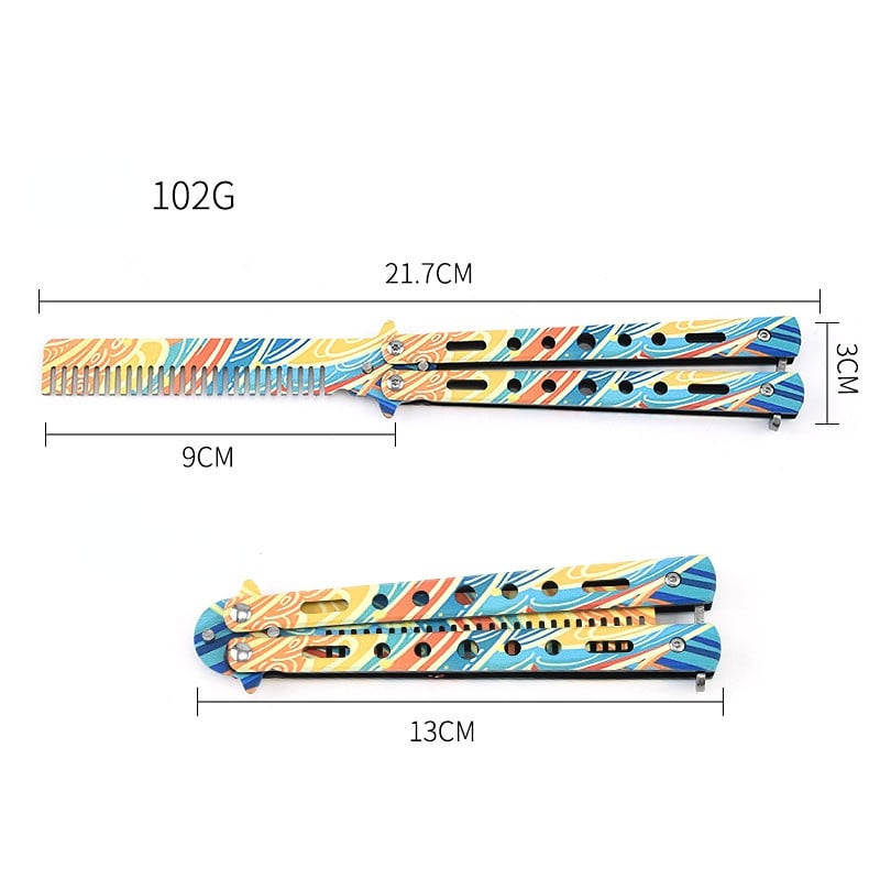 Hordozható pillangókés fésű rozsdamentes acélból összehajtható tompa edzőkés kültéri edzőfésű szalon fodrász formázó eszköz