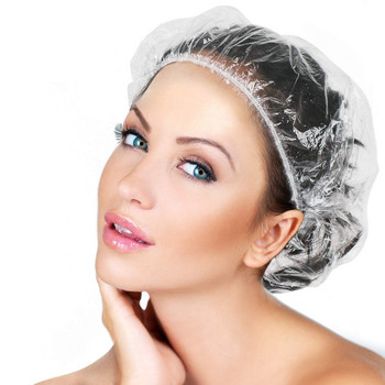 100PCS Шапки за душ Еднократни водоустойчиви прозрачни шапки за баня Пластмасова шапка за коса за жени Мъже Спа коса Solon Travel Hotel Home Us