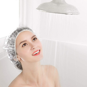 100PCS Шапки за душ Еднократни водоустойчиви прозрачни шапки за баня Пластмасова шапка за коса за жени Мъже Спа коса Solon Travel Hotel Home Us