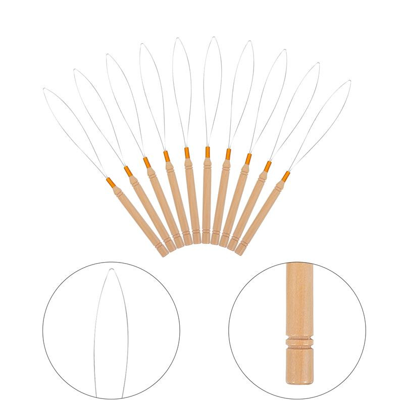 10/12 vnt. plaukų priauginimo kabliuko traukimo įrankis adatos sriegimo mikro žiedai jungties karoliukai kilpa medinė rankena su geležine viela Didmeninė prekyba