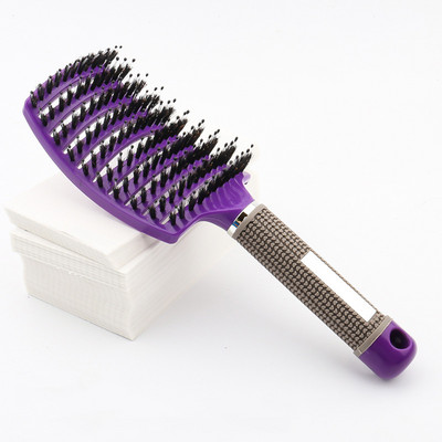 Perie de păr cu peri de mistreț Pieptene pentru masaj al scalpului pentru femei Perie de păr antistatică Instrument de coafură de salon Design curbat ventilat