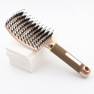 Perie de păr cu peri de mistreț Pieptene pentru masaj al scalpului pentru femei Perie de păr antistatică Instrument de coafură de salon Design curbat ventilat