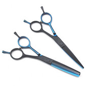 Japonia profesională 440c 5.5 `` Foarfece de păr albastru și negru cu două cozi tuns frizer tunsoare foarfece de subțiere foarfece de coafură