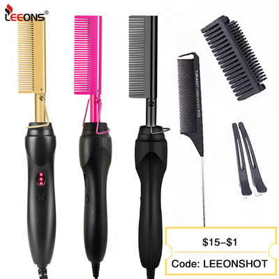 Leeons Black Hot Comb Ίσιωμα μαλλιών Επίπεδο σίδερο Ηλεκτρική ζεστή θέρμανση χτένα βρεγμένα και στεγνά Μαλλιά σίδερο για μπούκλες Straight Styler Σίδερο για μπούκλες