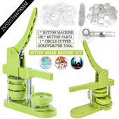 Jelvénytű gombkészítő gép DIY 25/32/37/44/58MM jelvénykészlet 100 db-os gombalkatrészekkel + körvágó, jelvénynyomó gép