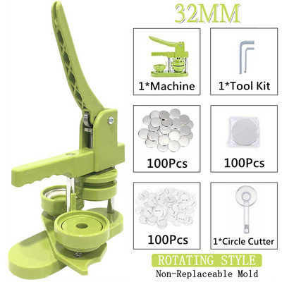 Jelvénytű gombkészítő gép DIY 25/32/37/44/58MM jelvénykészlet 100 db-os gombalkatrészekkel + körvágó, jelvénynyomó gép