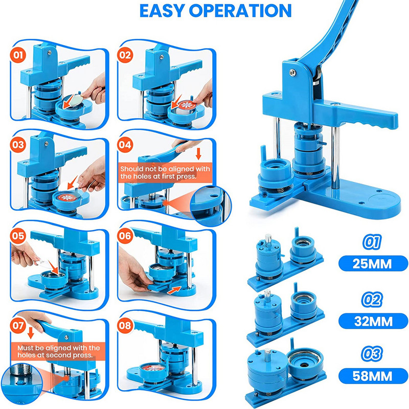 Ženklelių mygtukų gamybos mašina 25+32+58MM ženkliukų rinkinys -300vnt mygtukų dalys + 3 liejimo formos + 3 apskritimo pjaustytuvas, ženkliukų presavimo mašina "pasidaryk pats"