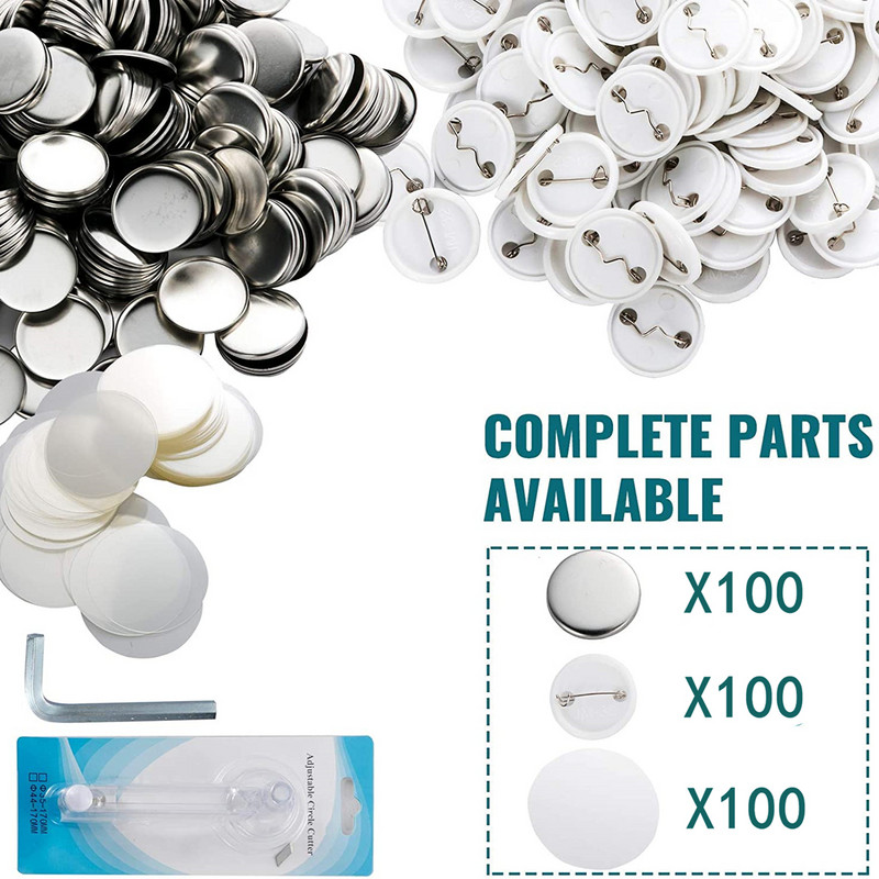 Ženklelių smeigtukų mygtukų gaminimo mašina „pasidaryk pats“ ženklelių rinkinys, 25–58 mm mygtukų presavimo mašina su 100 vnt mygtukų dalimis + apskritimo pjaustytuvas