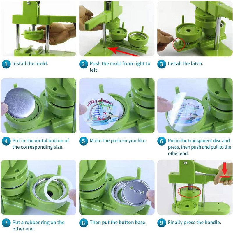 Ženklelių smeigtukų mygtukų gaminimo mašina „pasidaryk pats“ ženklelių rinkinys, 25–58 mm mygtukų presavimo mašina su 100 vnt mygtukų dalimis + apskritimo pjaustytuvas