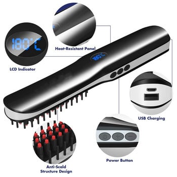Безжична мъжка бърза преса за изправяне на брада Гребен за прическа LCD Многофункционална безжична USB зареждане Четка за изправяне на коса