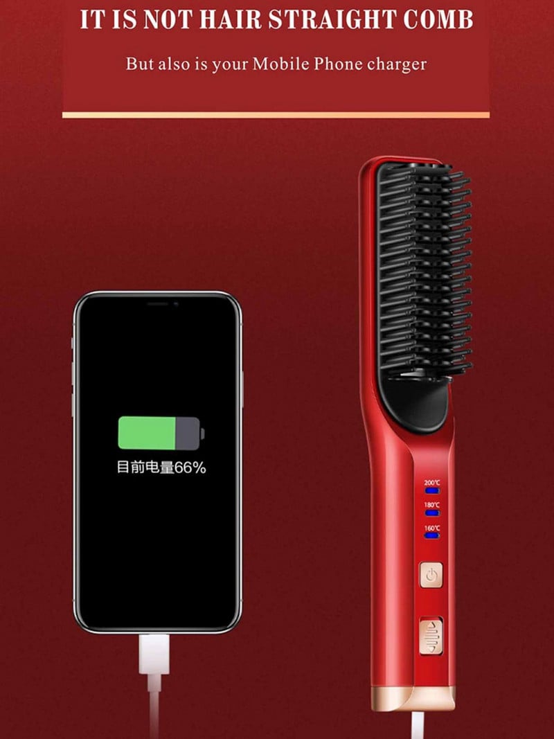 Vezeték nélküli szakállhajegyesítő hajfésűkefe USB újratölthető vezeték nélküli antisztatikus gyorsfűtésű hajkiegyenesítő hajformázó eszközök