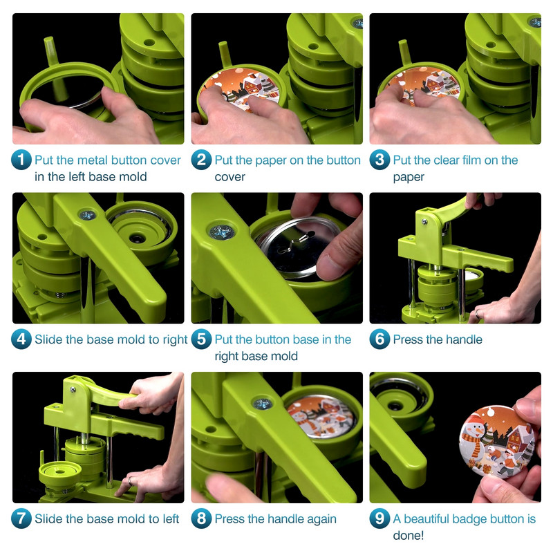 Ženkliuko perforatoriaus presavimo mašinos smeigtuko mygtuko „pasidaryk pats“ gaminimo rinkinys su 200 rinkinių apskritimo mygtuko dalimis ir tuščiu popieriumi veidrodiniam raktų pakabukui