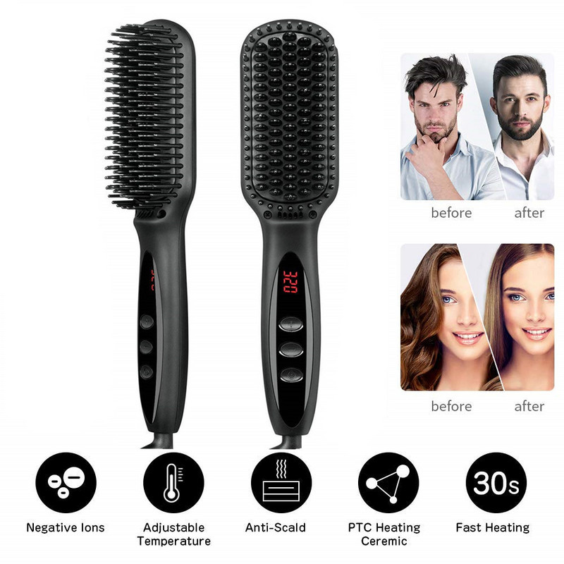 Hajvasaló Hot Comb 230 ℃ forrázásgátló hajkefe kerámia fűtő LCD kijelző, kettős feszültségű csendes szakállvasaló