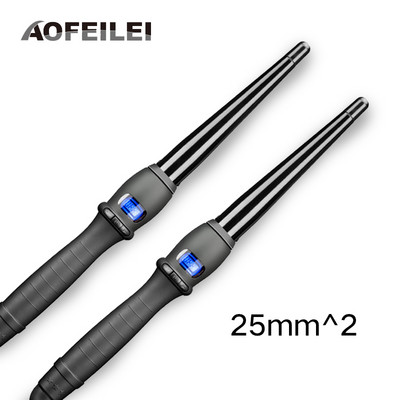 Tri kusy keramickej profesionálnej kulmy na vlasy, vlasovej ondulačnej kulmy s hruškovitým kvetom, elektrickej kulmy na vlasy a valčekovej kulmy.