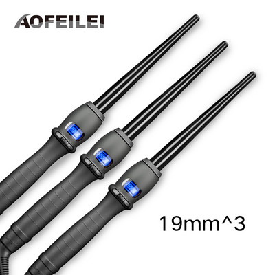 Tri kusy keramickej profesionálnej kulmy na vlasy, vlasovej ondulačnej kulmy s hruškovitým kvetom, elektrickej kulmy na vlasy a valčekovej kulmy.