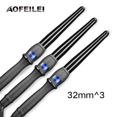 Tri kusy keramickej profesionálnej kulmy na vlasy, vlasovej ondulačnej kulmy s hruškovitým kvetom, elektrickej kulmy na vlasy a valčekovej kulmy.