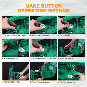 Μηχάνημα δημιουργίας κουμπιών 25mm 44mm 58mm πράσινου νέου σήματος με εξαρτήματα σημάτων 100 τμχ και κιτ μηχανής σημάτων κυκλικής κοπής