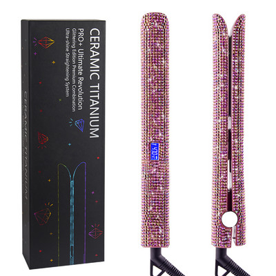 Strasszkő lapos vasaló Perm Crystal LCD kijelzőhöz Egyenes vasalók Lebegő titán 2 hüvelykes lemezes hajvasaló hajcsavaró