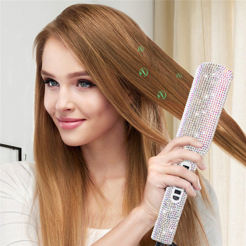 Strasszkő lapos vasaló Perm Crystal LCD kijelzőhöz Egyenes vasalók Lebegő titán 2 hüvelykes lemezes hajvasaló hajcsavaró
