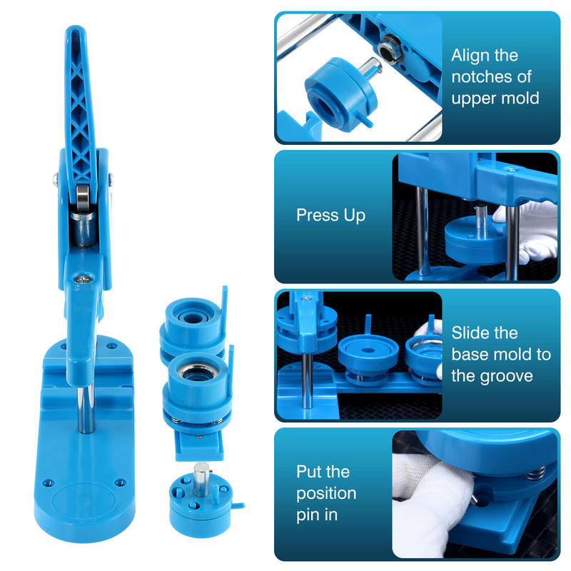 Mygtukų ženkliukų gamybos mašina „pasidaryk pats“ ženkliukų smeigtukų gaminimo rinkinys su 200 rinkinių Medžiagos 25/37/58 mm spaudos ženkliukų perforavimo presas