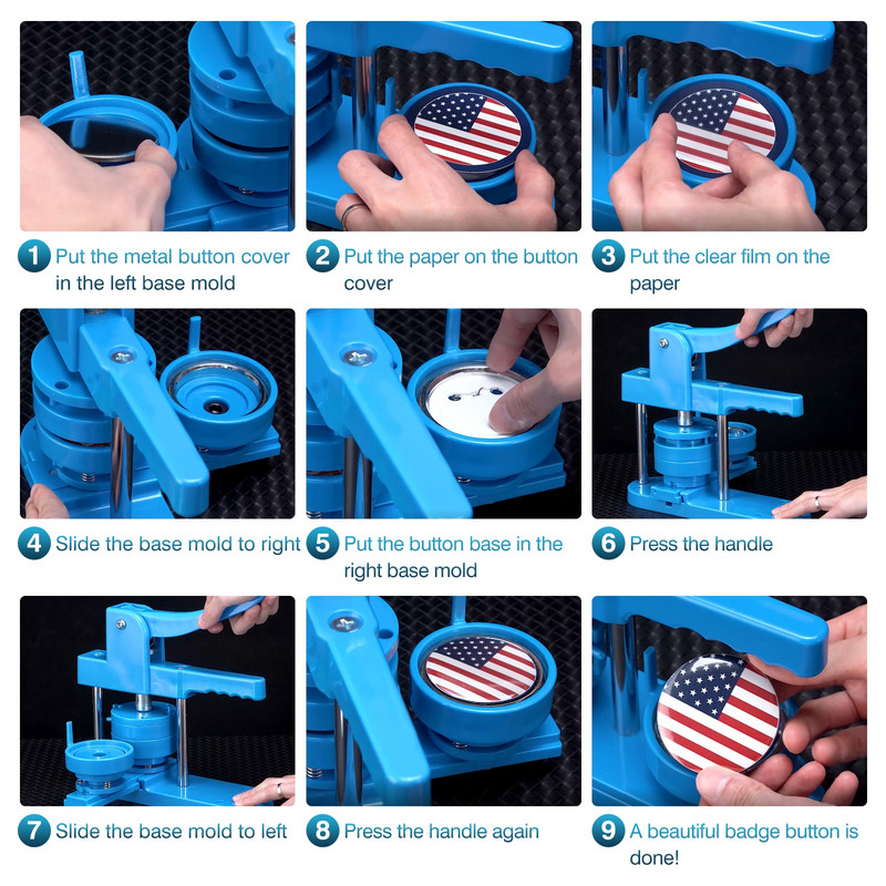 Mygtukų ženkliukų gamybos mašina „pasidaryk pats“ ženkliukų smeigtukų gaminimo rinkinys su 200 rinkinių Medžiagos 25/37/58 mm spaudos ženkliukų perforavimo presas