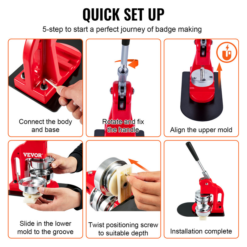 VEVOR 25/32/58/75MM ženkliukų gamybos mašina „pasidaryk pats“ mygtuko kaištis su 500 vnt nemokamų dalių spaudos rinkinio apskritimo gamybos mygtuko kūrimo įrankis