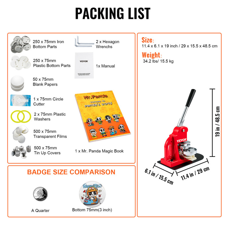 VEVOR 25/32/58/75MM ženkliukų gamybos mašina „pasidaryk pats“ mygtuko kaištis su 500 vnt nemokamų dalių spaudos rinkinio apskritimo gamybos mygtuko kūrimo įrankis