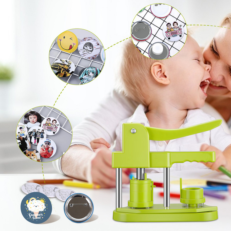 25 mm / 32 mm ženkliukų presavimo mašina su 500 vnt apskritimo mygtuko dalimis + pjaustytuvu „pasidaryk pats“ mygtukų gaminimo mašina