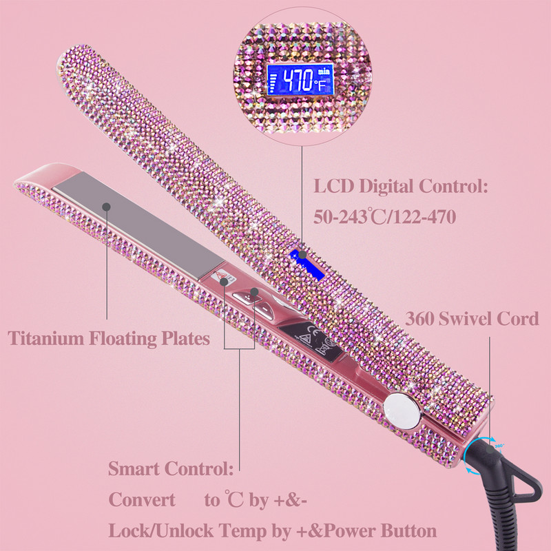 RUCHA Crystal hajkiegyenesítők 470F MCH Gyorsan felmelegedő titán lapos vasaló Bling Rhinestone Iron szalon hajformázó eszközökkel