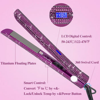 Επαγγελματικό ισιωτικό μαλλιών Titanium Flat Iron Rhinestone Straightening Iron Salon High Heat 470F Dual Voltage Display LCD