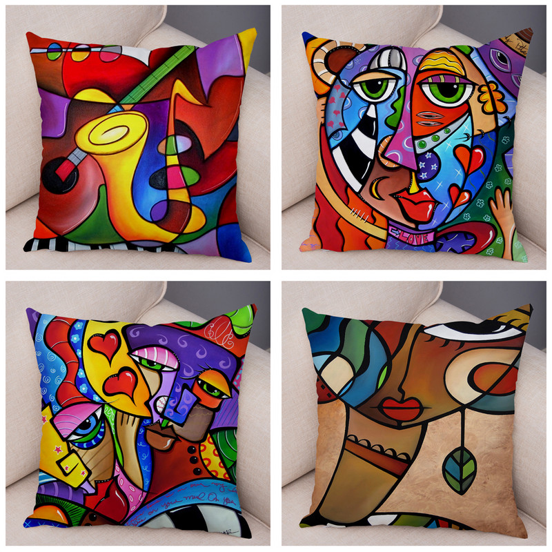 Lakás dekoráció Absztrakt festészet párnahuzat dekoráció skandináv stílusú színes rajzfilm lány nyomtatás párnahuzat kanapé otthon 45x45cm