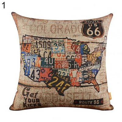 Vintage American Map Route 66 Mintás puha vászon párnahuzat Levehető párnahuzat Kanapéágy Autó dekoráció Lakástextil kellékek