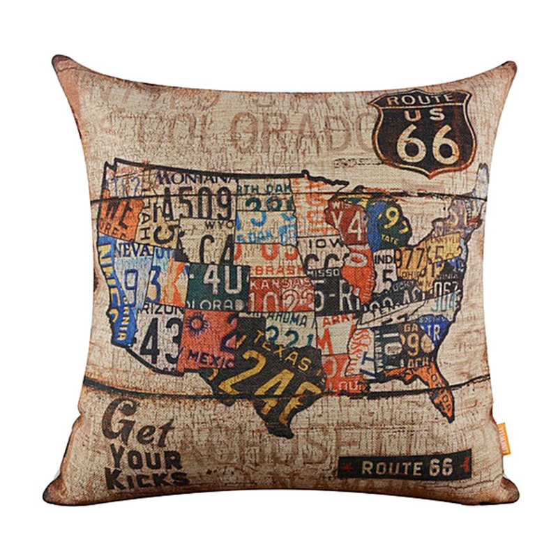Vintage American Map Route 66 Mintás puha vászon párnahuzat Levehető párnahuzat Kanapéágy Autó dekoráció Lakástextil kellékek