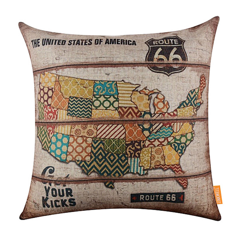 Vintage American Map Route 66 Mintás puha vászon párnahuzat Levehető párnahuzat Kanapéágy Autó dekoráció Lakástextil kellékek