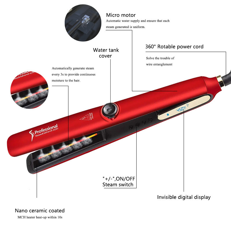 Професионална парна преса за коса Nano Ceramic Vapor Hair Flat Iron Ютия за изправяне на коса Маша Steamer Инструмент за оформяне на коса